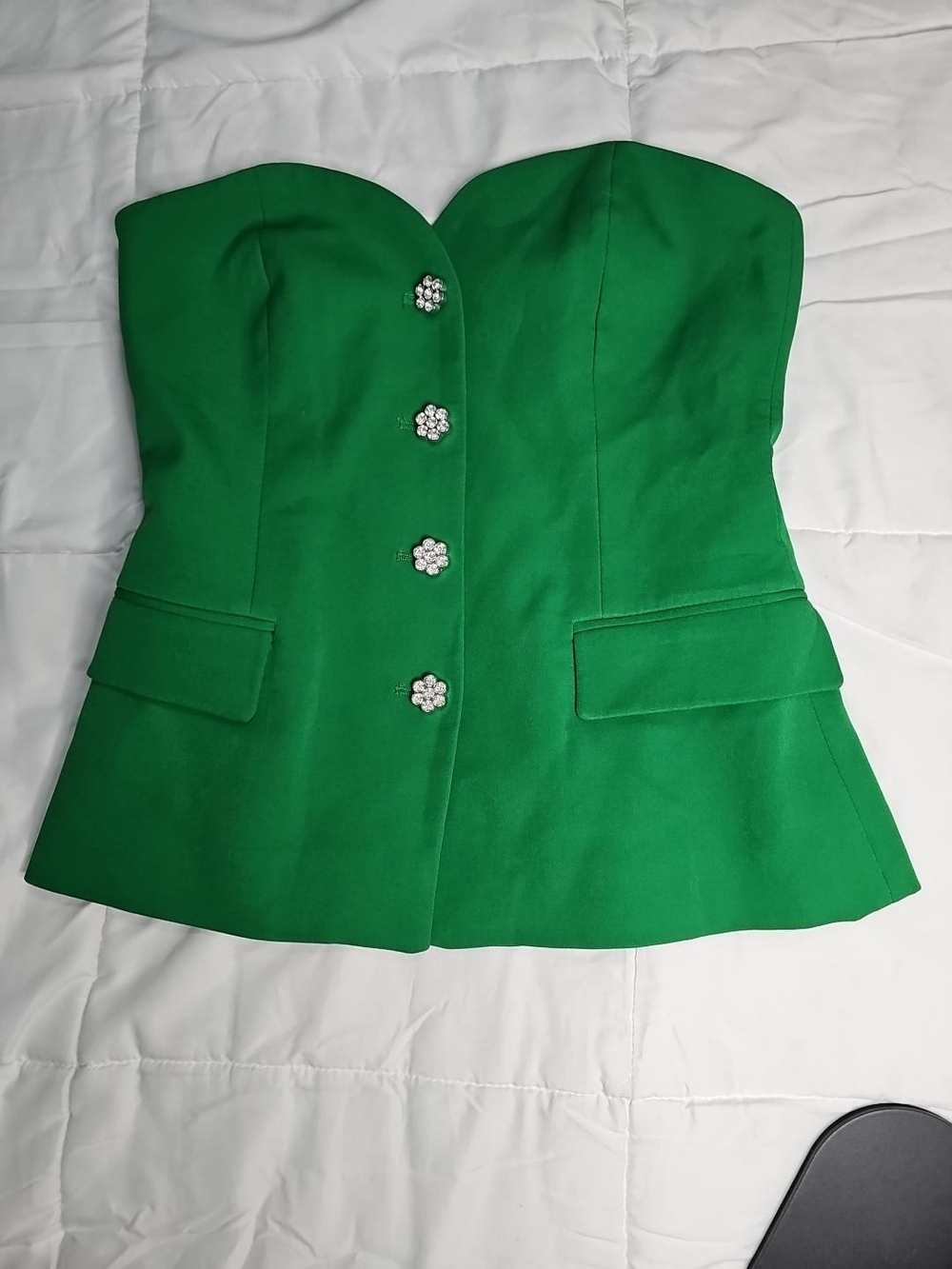 Zara Emerald Green Strapless Peplum Top with Decorative Buttons